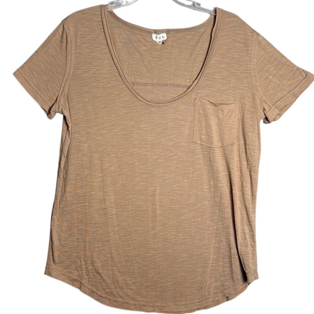 POL Slub Knit Tee Taupe Rayon Scoop Neck Raw Hem Pocket Top M Boho Loungewear - Picture 3 of 9
